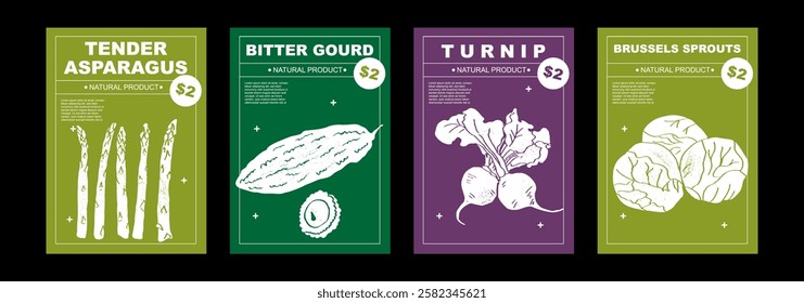 Tender asparagus, bitter gourd, turnip, Brussel sprouts.Set of posters of vegetables in a abstract draw design. Label or poster, price tag. Patterns and backgrounds. Perfect for poster, cover, banner.