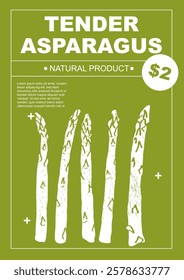 Tender asparagus. Set of posters of vegetables in a abstract draw design. Label or poster, price tag. Simple, flat design. Patterns and backgrounds. Perfect for poster, cover, banner.