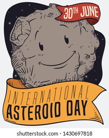 Tender asteroid with ribbons wrapped in it, smiling at you with stars in the background to celebrate International Asteroid Day this 30th June.
