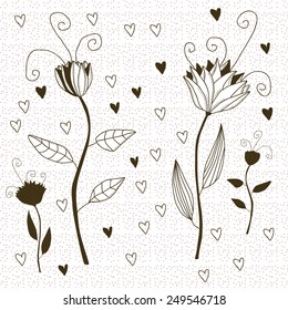Tender background with cute flowers in brown tones with hearts on back. Vector illustration suitable for wedding design, textile, greeting cards.