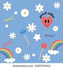 tender background with flowers hearts lollipops and stars