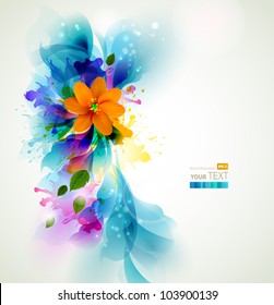 Tender background with orange abstract flower on the artistic  blobs