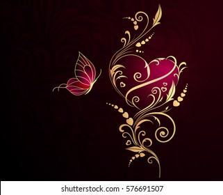 Tender background with red abstract flower and small butterflies. Valentines day greeting card or wedding invitation background party design.