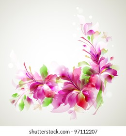 Tender background with three abstract flower and small butterflies