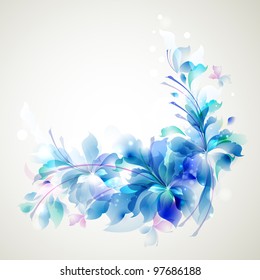 Tender background with three abstract flower and small butterflies