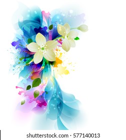Tender background with white abstract flowers on the artistic blobs
