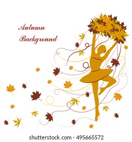 Tender ballerina is holding maple leaves with ribbons. Autumn background for use in your design.