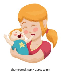 Tender blonde mom with blushed gesture, carrying her baby in arms. Portrait design in cartoon style over white background.