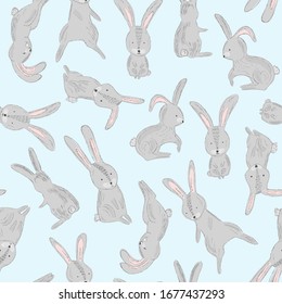 Típico modelo azul de bebé sin costura con saltos, sentados, durmiendo conejos grises de Pascua con orejas rosas. Dibujo de dibujo manual compartido para niños diseño textil, papel de envoltura, superficie, fondo