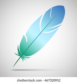 tender blue feather with shadow on a gray background