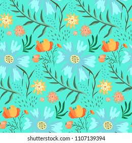 Tender blue and green floral summer seamless pattern with accent red roses. Gentle hand drawn texture with cute flowers, leaves, waterdrops for textile, wrapping paper, print design, wallpaper