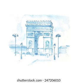 Tender blue hand drawn watercolor illustration of Arc de Triomphe in the Paris, France