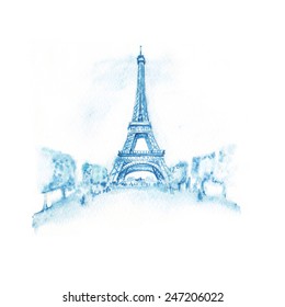 Tender blue hand drawn watercolor illustration of Eiffel Tower in the Paris, France