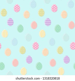 Tender blue Happy Easter seamless pattern with colorful eggs. Gentle ornamental eggs texture for Easters package, gift wrapping paper, textile, covers, background