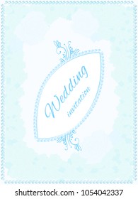 Tender blue layout vector Wedding invitation - background with roses and doodle curl