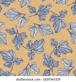 Tender blue and orange floral seamless pattern with hand drawn textured columbine leaves. Delicate aquilegia leaf botanical texture for textile design, wrapping paper, surface, wallpaper, background