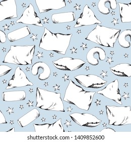 Tender blue pajama sleepover party seamless pattern sketch, universal pillows backdrop, textile, wrapping design