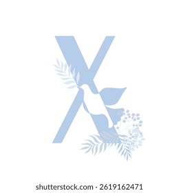 Monograma tenro da família da paz azul. Letra latina X com pomba e folhas de palma sobre fundo branco