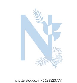 Tender blue peace family monogram. Latin letter N with dove and palm leaves on white background