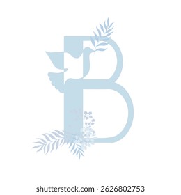 Tender blue peace family monogram. Latin letter B with dove and palm leaves on white background