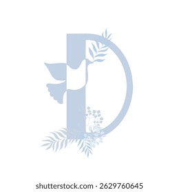 Tender blue peace family monogram. Latin letter D with dove and palm leaves on white background