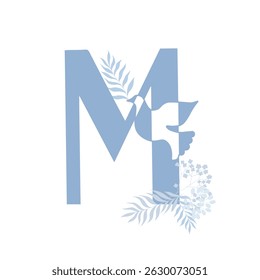 Tender blue peace family monogram. Latin letter M with dove and palm leaves on white background