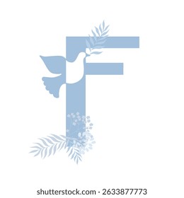 Tender blue peace family monogram. Latin letter F with dove and palm leaves on white background