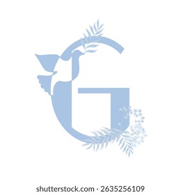 Tender blue peace family monogram. Latin letter G with dove and palm leaves on white background