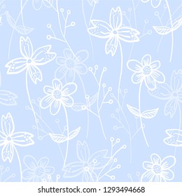 Tender blue spring outline hand drawn floral seamless pattern. Romantic white meadow flowers and branches on gentle pale background for textile, wrapping paper, cover, surface, wallpaper
