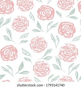 Patrón inquebrantable de vintage azul tenso con siluetas de rosas blancas raspadas. Tinta romántica retro textil de textil, papel envolvente, superficie, papel de pared, fondo, paquete