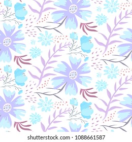 Tender blue and violet hand drawn floral seamless pattern. Gentle light texture with cute flowers, leaves, waterdrops for textile, wrapping paper, print design, wallpaper, surface