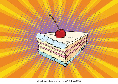 Tender Cake With A Cherry. Pop Art Retro Comic Book Vector Illustration. Sweet Food, Confection