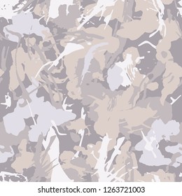 Tender camouflage pattern with paint strokes and splashes elements for textile. Pastel color grunge camo wallpaper. Textile, sport and urban clothes, wrapping paper. Abstract fashionable vector.