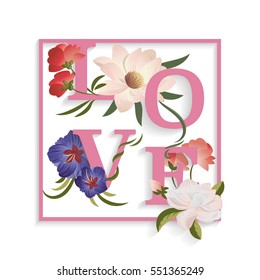 Tender card with flovers and love word over light blue background.