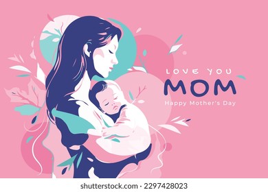 Tender card with a woman with a baby in her arms. Postcard for Mother's Day. Postpartum happy period. The concept of motherhood and health. Vibrant contrasting colors	