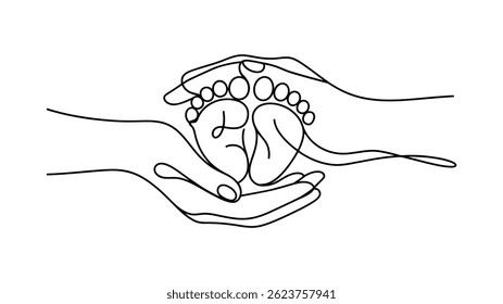 Tender care surrounds a baby's feet in a s continuous one line drawing.