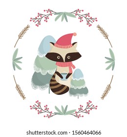 Tender Christmas card with a raccoons in a round frame of twigs.