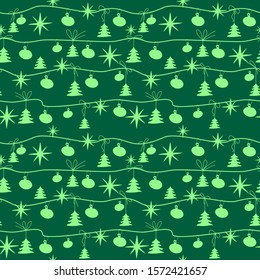 Tender Christmas seamless pattern: green wrapping paper texture, greeting card illustration. Vector graphics.