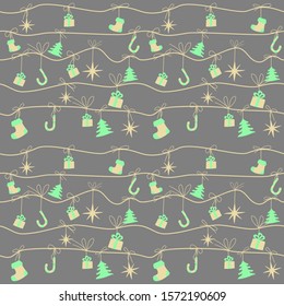 Tender Christmas seamless pattern: wrapping paper texture, greeting card illustration. Vector graphics.