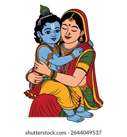 A tender and colorful vector illustration depicting Mother Yashoda lovingly embracing baby Krishna. Krishna is portrayed with his characteristic blue skin, peacock feather, and traditional jewelry, 