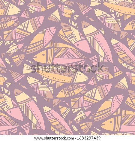 Tender colors abstract fish seamless pattern for background, wrap, fabric, textile, wrap, surface, web and print design. Pastel hues decorative coral fish rapport for vacation summer project.