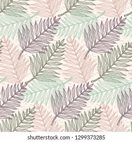 Tender colors seamless pattern with pale green, orange and purple tropical leaves. Light elegant vector exotic fern leaf texture for textile, wrapping paper, surface, cover, background