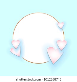 A tender composition with pink hearts and a gold ring on a blue background with space for text. Postcard, poster, invitation, elements for Valentine's Day or weddings.
