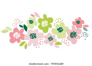 Tender concept floral pattern with geometric texture in pale green and rose color. Abstract spring blossom for header, card, invitation, web and print surface design.