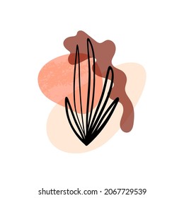 Tender contemporary abstract composition with line art palm leaf and textured shapes on a background. Poster, banner vector illustration in trendy boho or earth palette.