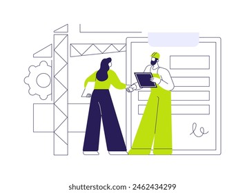 Ilustración vectorial abstracta del concepto de ejecución de contrato de licitación. Los socios comerciales se dan la mano, buscan Acuerdo, planificación de la construcción comercial, procesos de licitación de edificios metáfora abstracta.