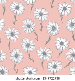 Color de arrecife sin fisuras con flores de manzanilla blanca. Ilustración trenzada a mano de una flor gerbera hermosa, textura para textiles, papel envolvente, superficie, fondo