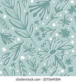Tender and cute floral seamless pattern in pastel blue shades. Various line art flowers, branches, dots for textile, fabric, cloth, covering and other print and design.