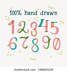 Tender and cute hand drawn numerical characters 1234567890. Colourful lettering digits from zero to nine. Green and pink multicolor number row on background with doodles. Ornate handwritten figures.