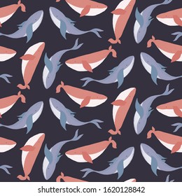 Tender dark seamless pattern with coral pink and blue hand drawn whales on sea background. Cute hand drawn texture with cetacean for kids design, wallpaper, textile, wrapping paper